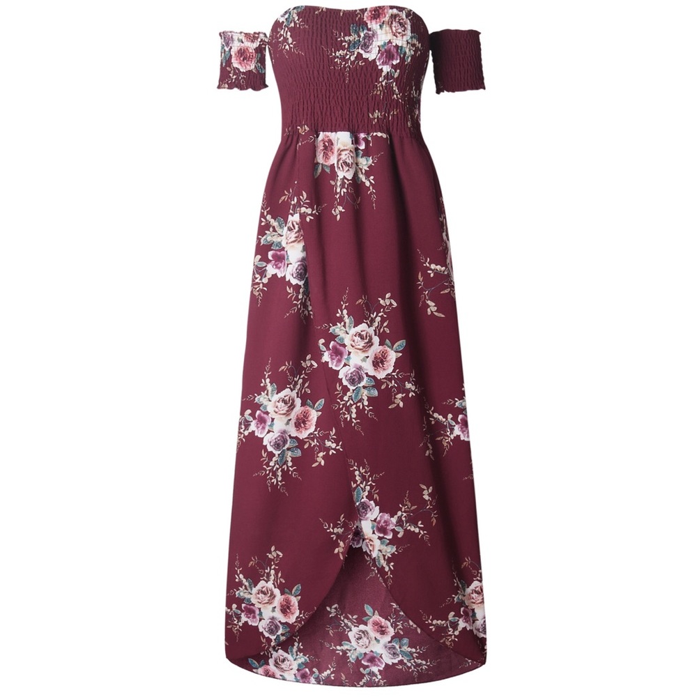 HP! Vacation Ready wine floral off shoulder dress - Picture 6 of 8